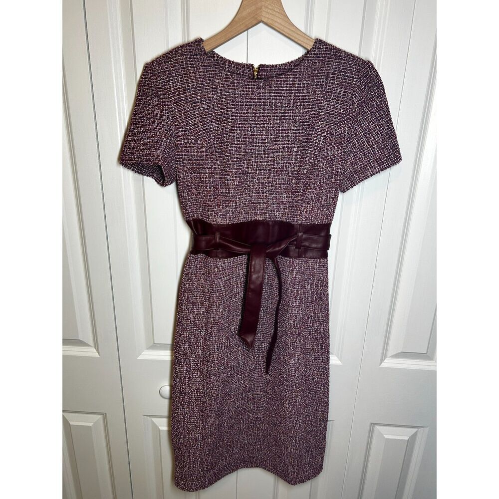 Calvin Klein Burgundy Tweed Short-Sleeve Sheath Dress Belted Size 6
